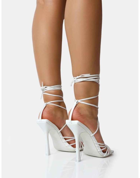 Aspen White Knot Strap Lace Up Square Toe Stiletto Heels