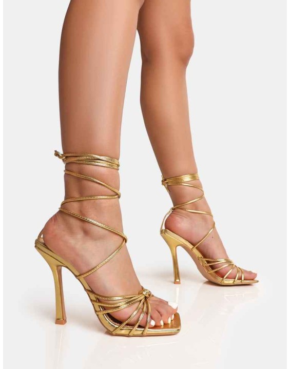 Aspen Gold Knot Strap Lace Up Square Toe Stiletto Heels