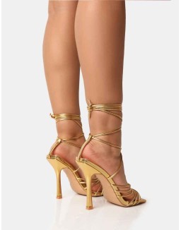 Aspen Gold Knot Strap Lace Up Square Toe Stiletto Heels
