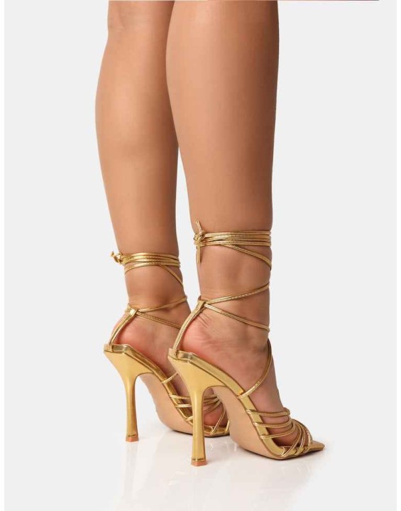 Aspen Gold Knot Strap Lace Up Square Toe Stiletto Heels
