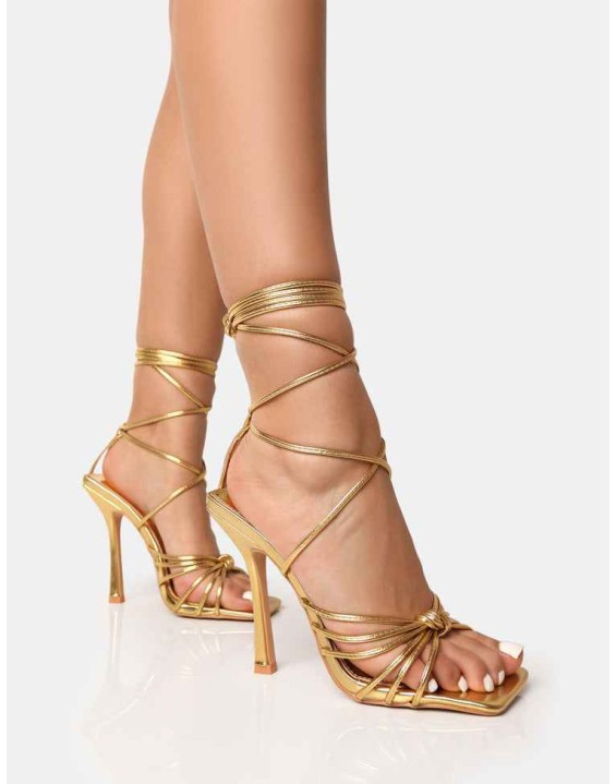 Aspen Gold Knot Strap Lace Up Square Toe Stiletto Heels