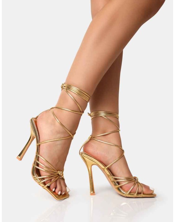 Aspen Gold Knot Strap Lace Up Square Toe Stiletto Heels
