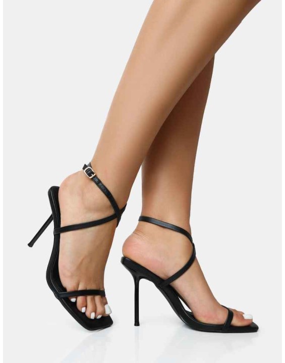 Amy Black Strappy Barely There Square Toe Stiletto Heels