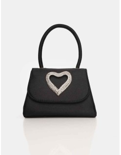 The Heart Black Satin Diamante Heart Mini Bag