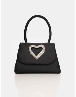 The Heart Black Satin Diamante Heart Mini Bag