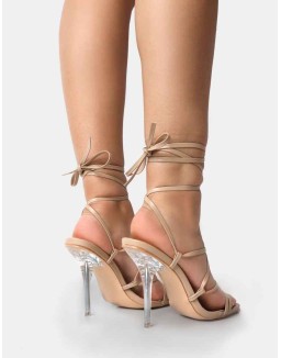 NOBU NUDE PU LACE UP ROUND TOE PERSPEX STILETTO HEELS