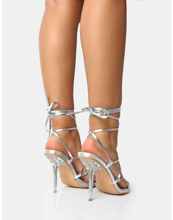NOBU WIDE FIT SILVER LACE UP ROUND TOE PERSPEX STILETTO HEELS