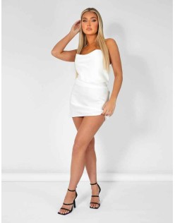 Cowl Front Satin Cami Dress White