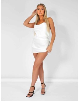 Cowl Front Satin Cami Dress White
