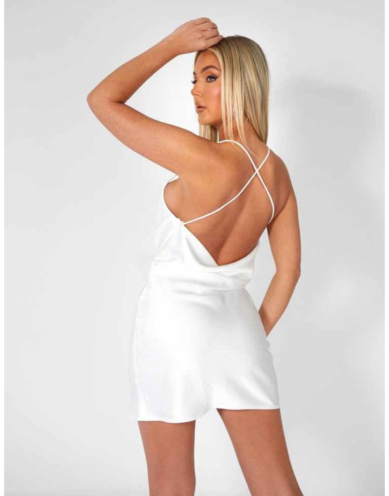 Cowl Front Satin Cami Dress White