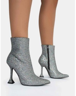 Arabella SIlver Glitter Pointed Toe Cake Stand Heeled Ankle Boots