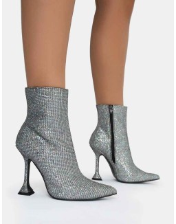 Arabella SIlver Glitter Pointed Toe Cake Stand Heeled Ankle Boots