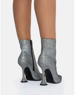 Arabella SIlver Glitter Pointed Toe Cake Stand Heeled Ankle Boots