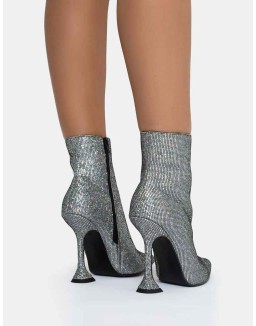 Arabella SIlver Glitter Pointed Toe Cake Stand Heeled Ankle Boots