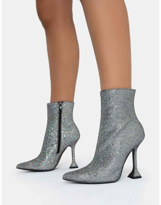 Arabella SIlver Glitter Pointed Toe Cake Stand Heeled Ankle Boots