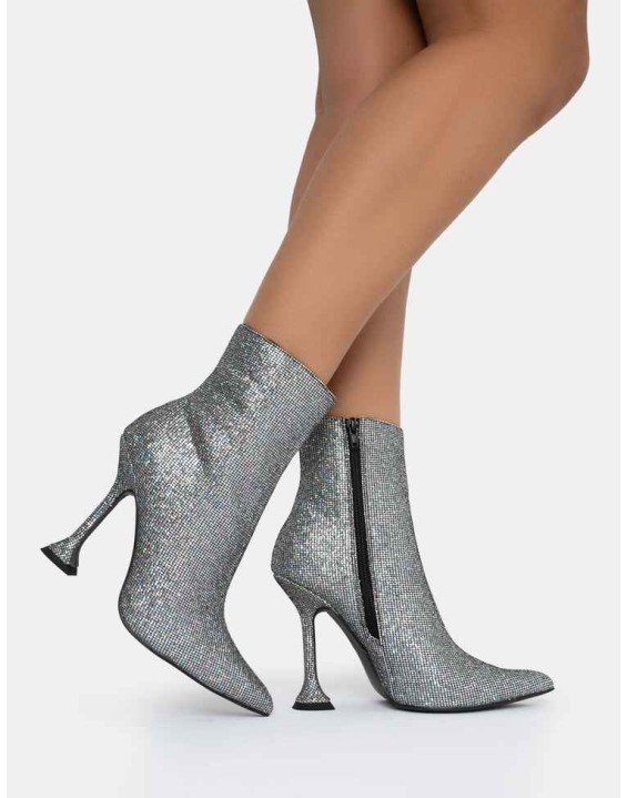 Arabella SIlver Glitter Pointed Toe Cake Stand Heeled Ankle Boots