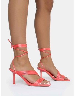 Esla Coral Satin Multi Strap Lace Up Square Toe Mid Stiletto Heels