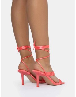 Esla Coral Satin Multi Strap Lace Up Square Toe Mid Stiletto Heels
