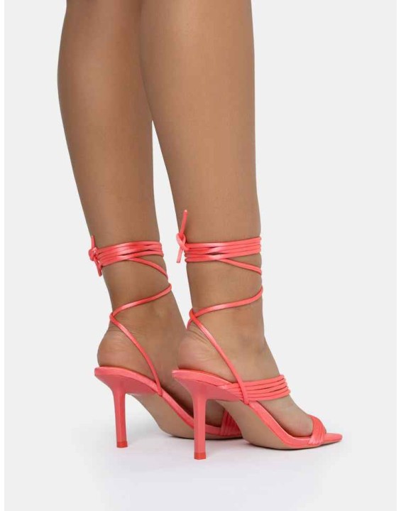 Esla Coral Satin Multi Strap Lace Up Square Toe Mid Stiletto Heels