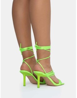 Esla Lime Satin Multi Strap Lace Up Square Toe Mid Stiletto Heels