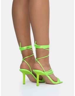 Esla Lime Satin Multi Strap Lace Up Square Toe Mid Stiletto Heels