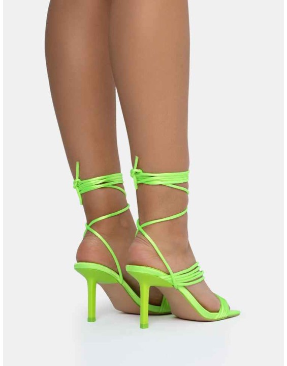 Esla Lime Satin Multi Strap Lace Up Square Toe Mid Stiletto Heels