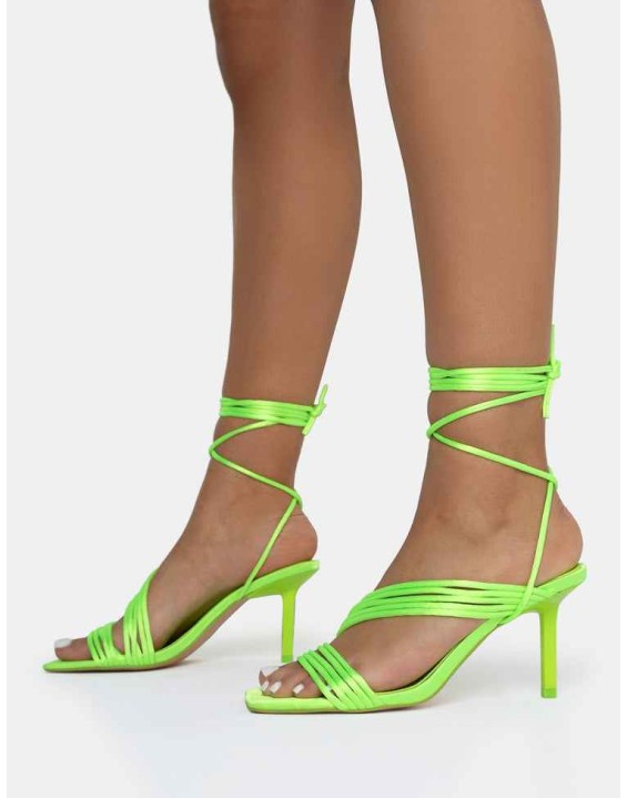 Esla Lime Satin Multi Strap Lace Up Square Toe Mid Stiletto Heels