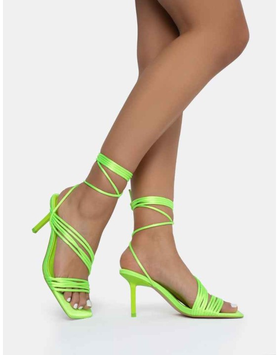 Esla Lime Satin Multi Strap Lace Up Square Toe Mid Stiletto Heels