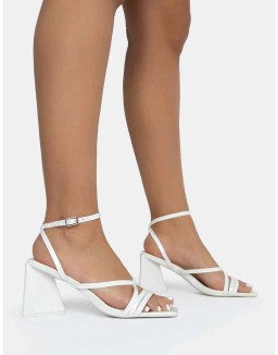 Kasia White Croc Strappy Square Toe Mid Flared Block Heels