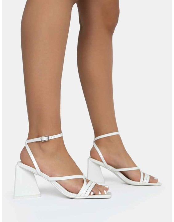 Kasia White Croc Strappy Square Toe Mid Flared Block Heels