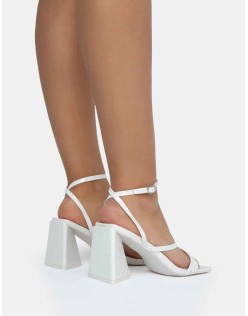 Kasia White Croc Strappy Square Toe Mid Flared Block Heels