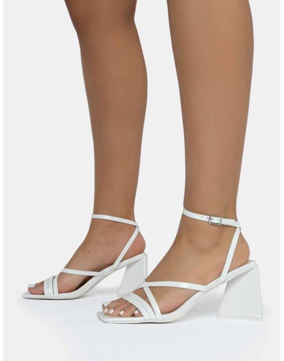 Kasia White Croc Strappy Square Toe Mid Flared Block Heels