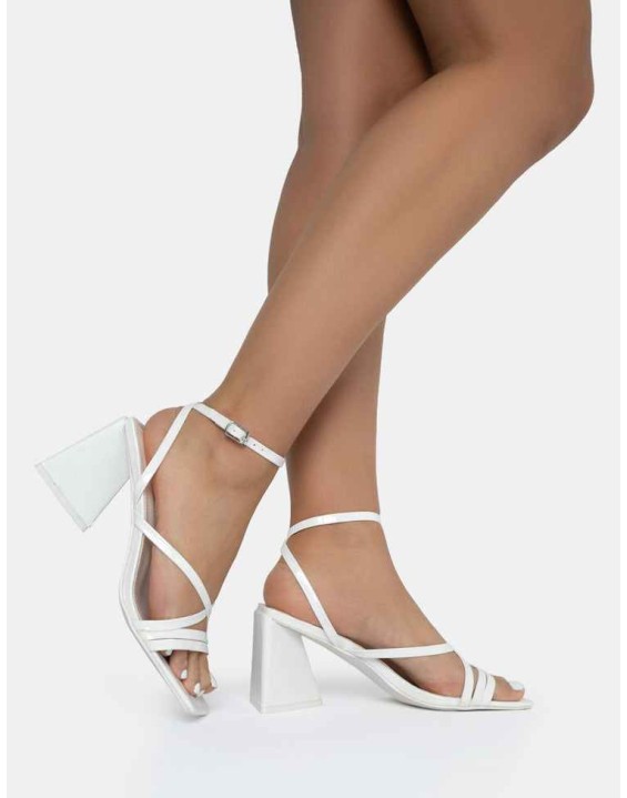 Kasia White Croc Strappy Square Toe Mid Flared Block Heels