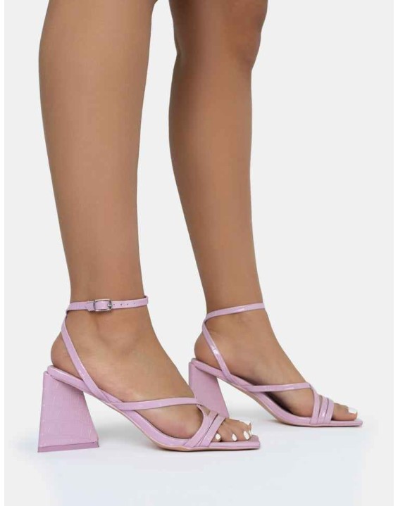 Kasia Lilac Croc Strappy Square Toe Mid Flared Block Heels