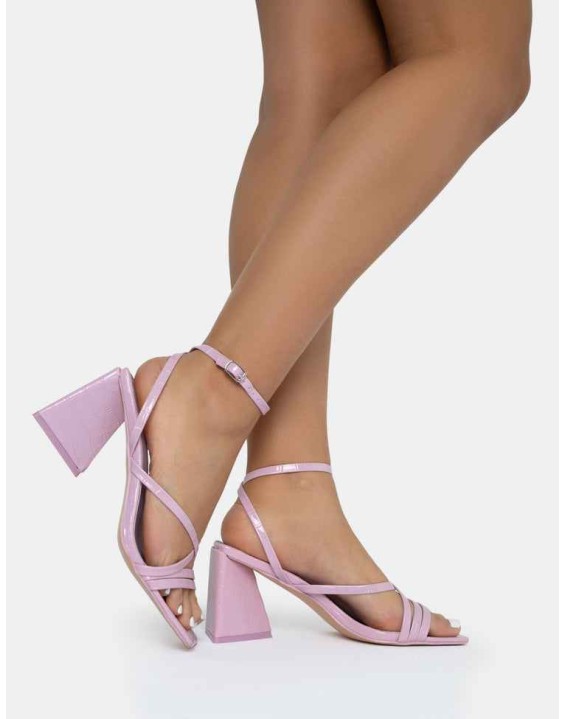 Kasia Lilac Croc Strappy Square Toe Mid Flared Block Heels