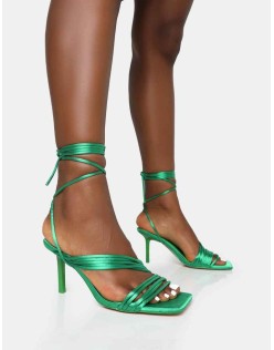Esla Wide Fit Green Satin Multi Strap Lace Up Square Toe Mid Stiletto Heels