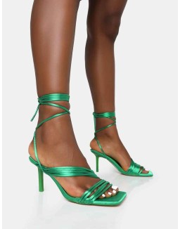 Esla Wide Fit Green Satin Multi Strap Lace Up Square Toe Mid Stiletto Heels
