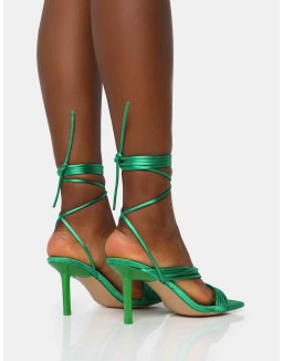 Esla Wide Fit Green Satin Multi Strap Lace Up Square Toe Mid Stiletto Heels