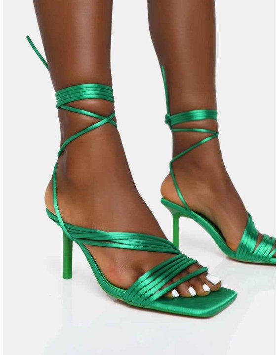 Esla Wide Fit Green Satin Multi Strap Lace Up Square Toe Mid Stiletto Heels