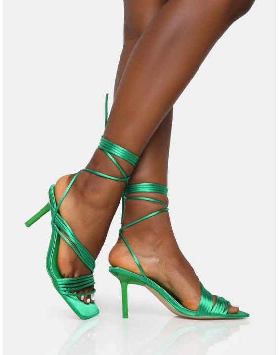 Esla Wide Fit Green Satin Multi Strap Lace Up Square Toe Mid Stiletto Heels