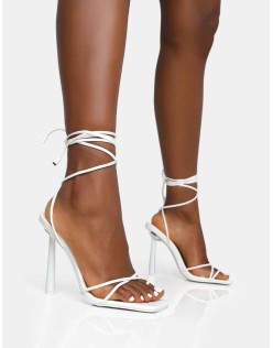 Ci Ci White Pu Square Toe Lace Up Stiletto Heels