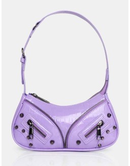 The Candice Zip Detailed Lilac Croc Shoulder Bag