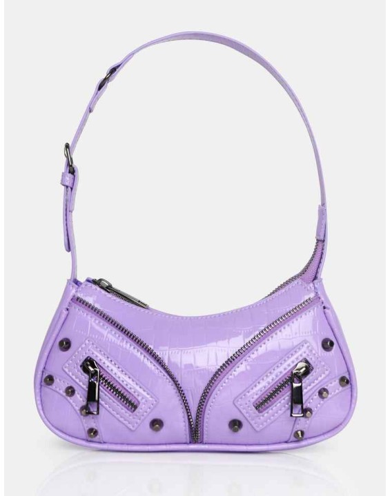 The Candice Zip Detailed Lilac Croc Shoulder Bag
