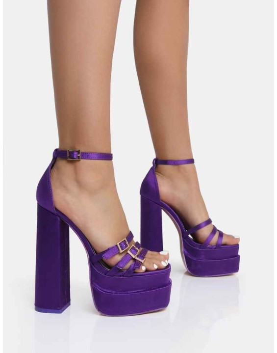 Enya Purple Satin Strappy Buckle Square Toe Platform Block Heels