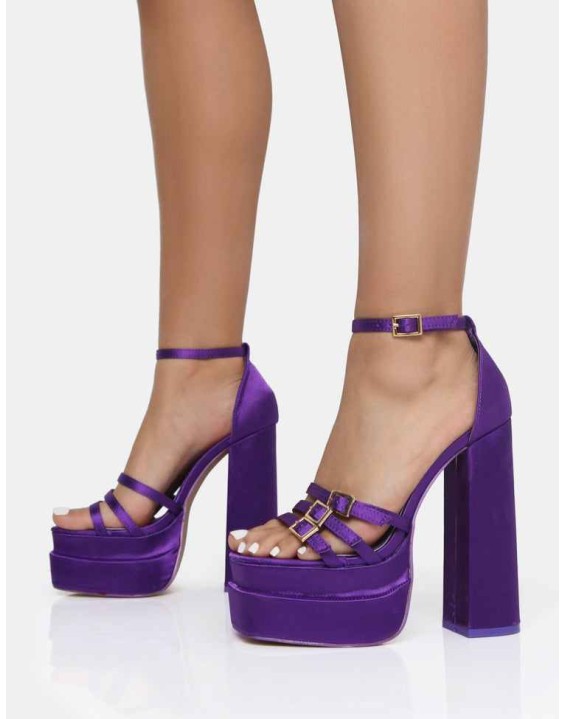 Enya Purple Satin Strappy Buckle Square Toe Platform Block Heels