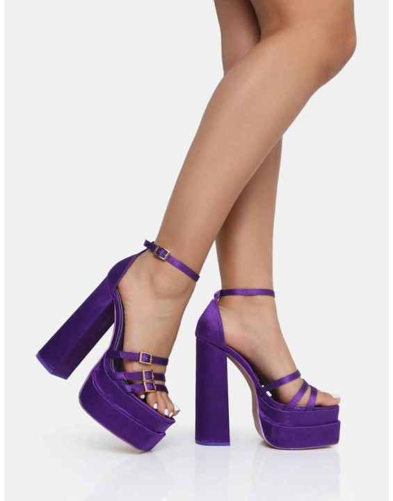 Enya Purple Satin Strappy Buckle Square Toe Platform Block Heels