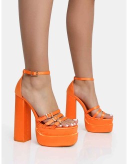Enya Orange Satin Strappy Buckle Square Toe Platform Block Heels