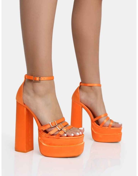 Enya Orange Satin Strappy Buckle Square Toe Platform Block Heels