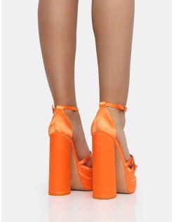 Enya Orange Satin Strappy Buckle Square Toe Platform Block Heels