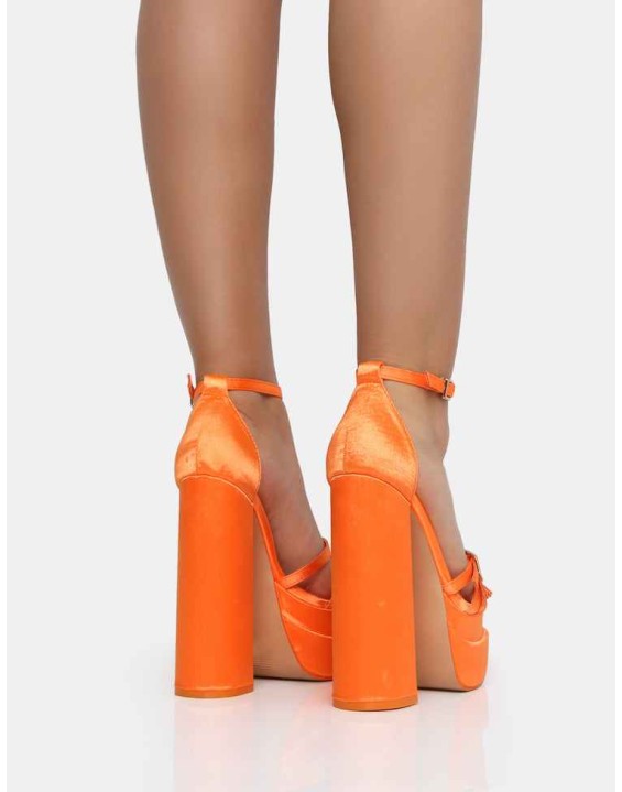 Enya Orange Satin Strappy Buckle Square Toe Platform Block Heels